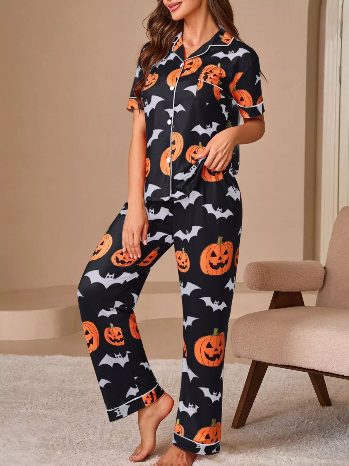 Halloween Pumpkin and Bat Print Button-Down Top and Pants Lounge Set Black / S