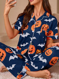 Halloween Pumpkin and Bat Print Button-Down Top and Pants Lounge Set Navy Blue / S