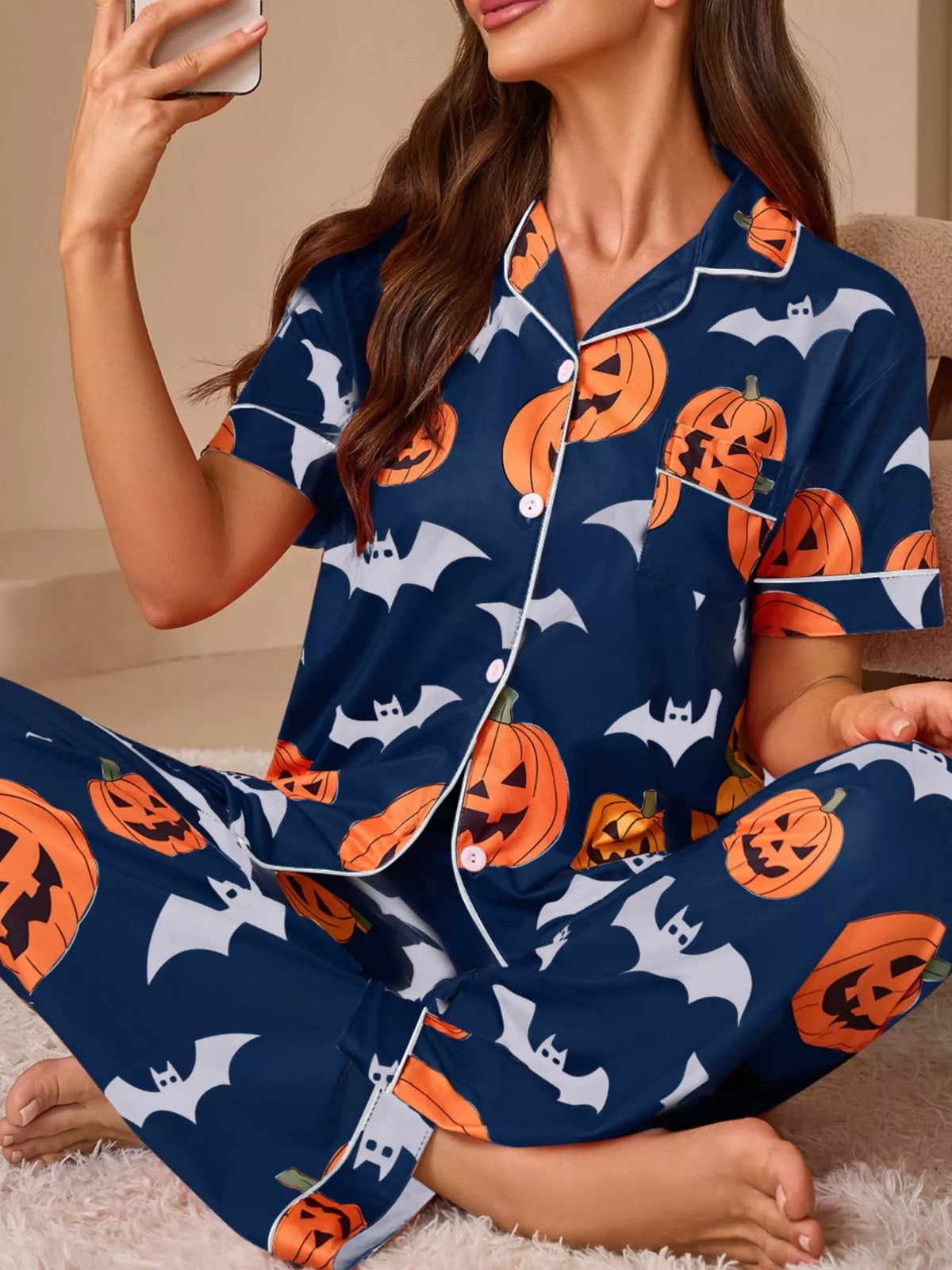 Halloween Pumpkin and Bat Print Button-Down Top and Pants Lounge Set Navy Blue / S