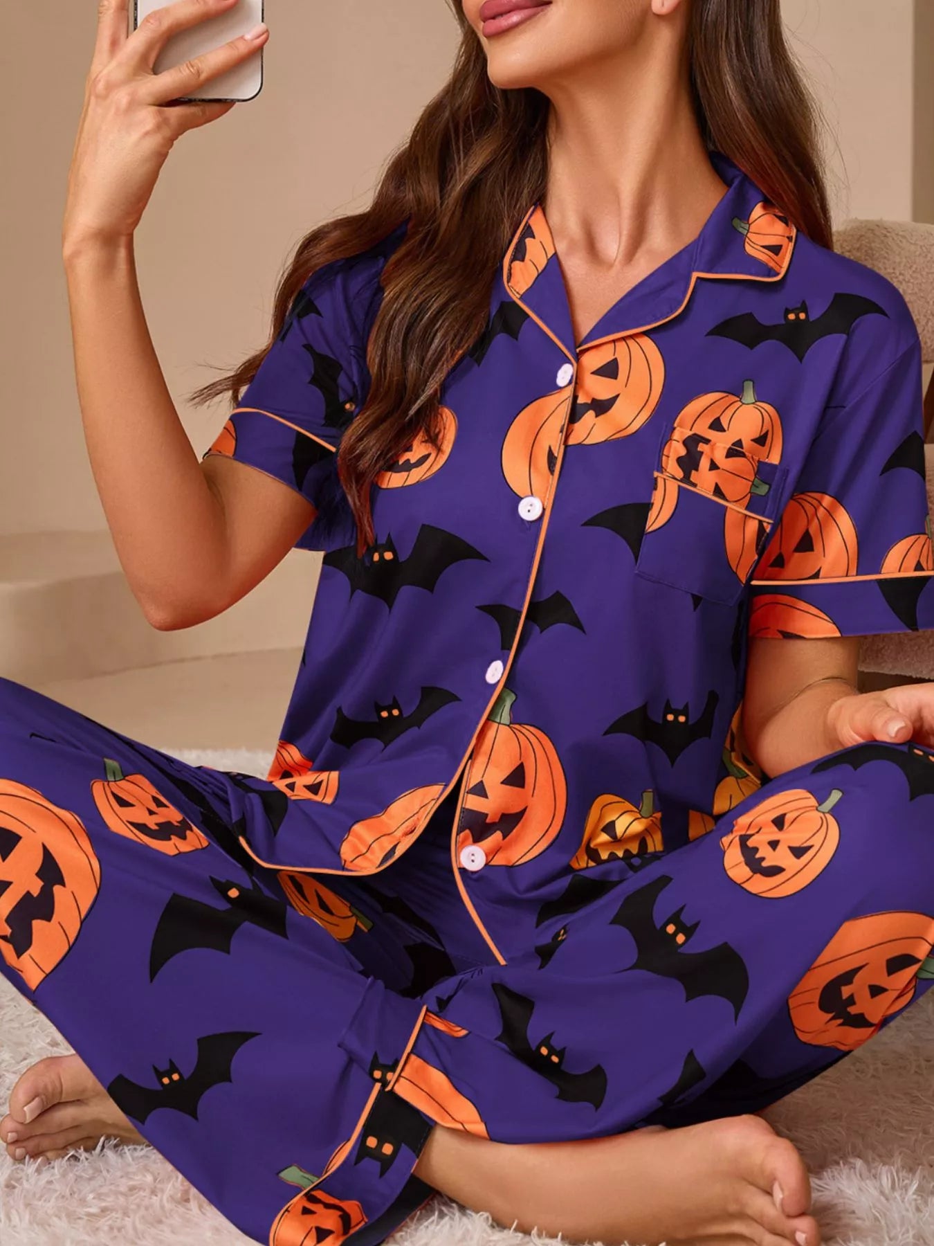 Halloween Pumpkin and Bat Print Button-Down Top and Pants Lounge Set Purple / S
