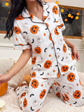 Halloween Pumpkin Print Button-Down Top and Pants Set