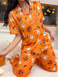 Halloween Pumpkin Print Button-Down Top and Pants Set