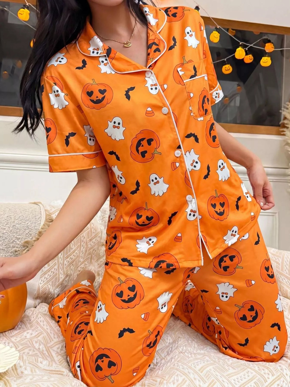 Halloween Pumpkin Print Button-Down Top and Pants Set