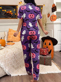 Halloween Pumpkin Print Button-Down Top and Pants Set