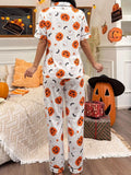 Halloween Pumpkin Print Button-Down Top and Pants Set