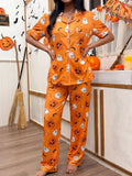 Halloween Pumpkin Print Button-Down Top and Pants Set Orange / S