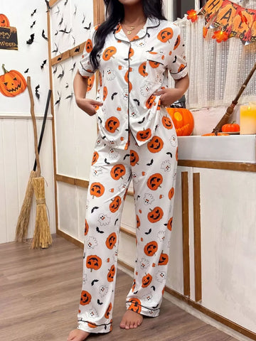 Halloween Pumpkin Print Button-Down Top and Pants Set White / S