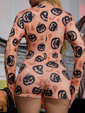 Halloween Pumpkin Print Button-Front Lounge Romper