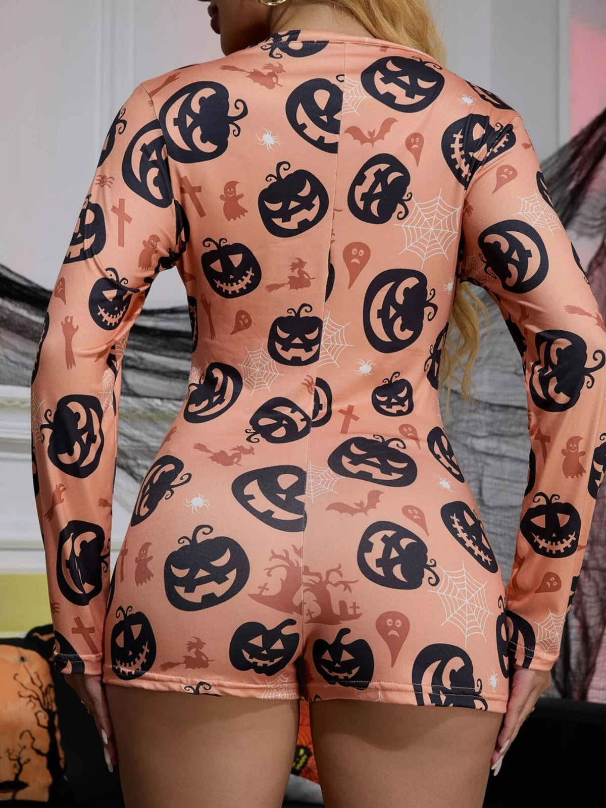 Halloween Pumpkin Print Button-Front Lounge Romper