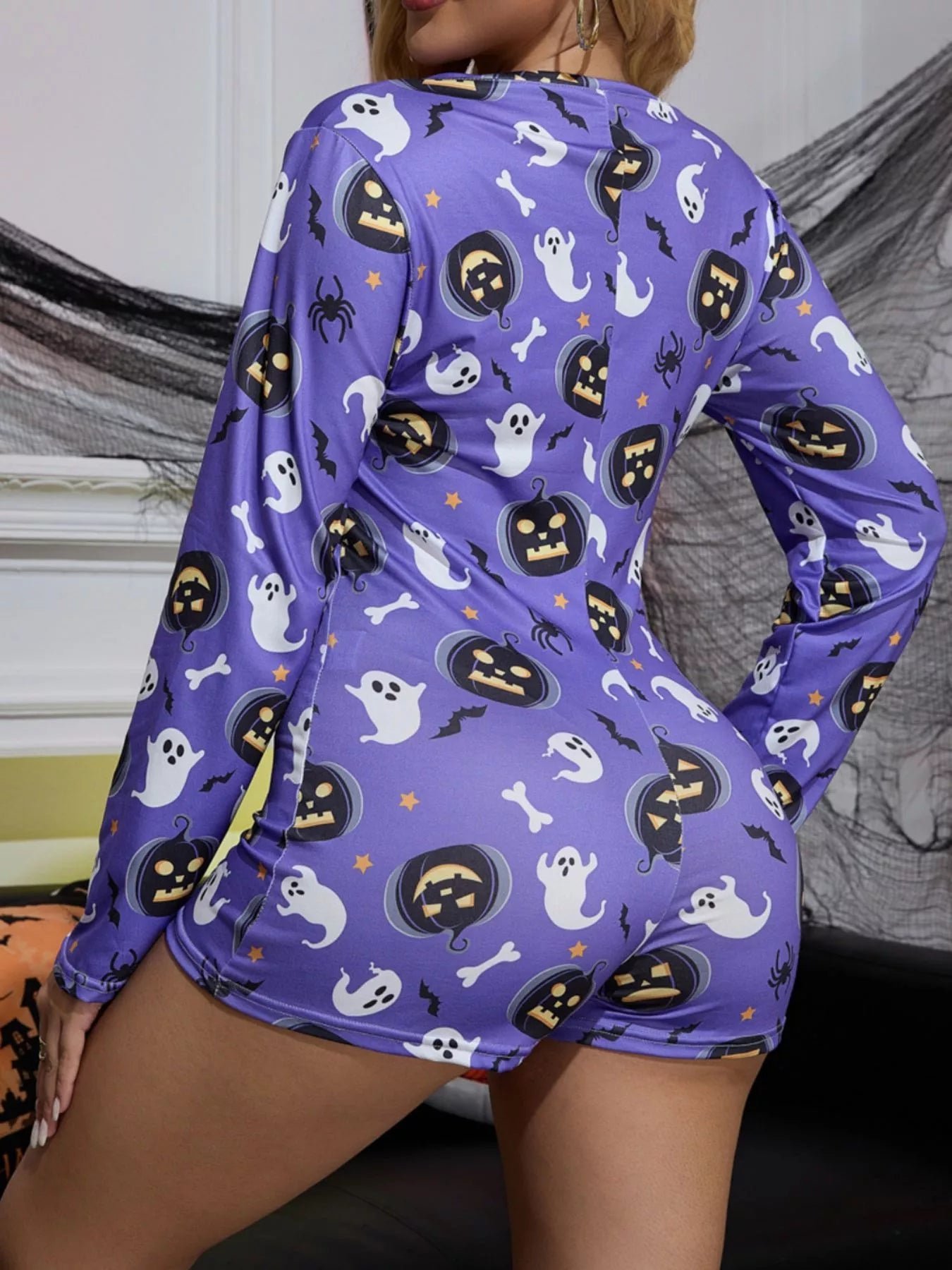 Halloween Pumpkin Print Button-Front Lounge Romper