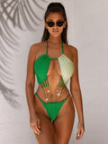 Halter Neck Chain One-Piece Swimsuit Green / S