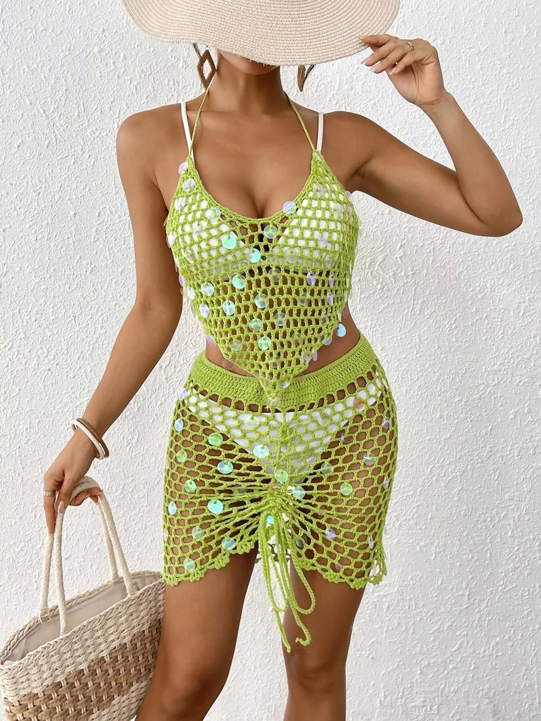 Halter Neck Crochet Knit Top and Skirt Cover Up Set Lime / One Size