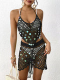 Halter Neck Crochet Knit Top and Skirt Cover Up Set Black / One Size