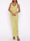 Halter Neck Crochet Maxi Dress Yellow / S