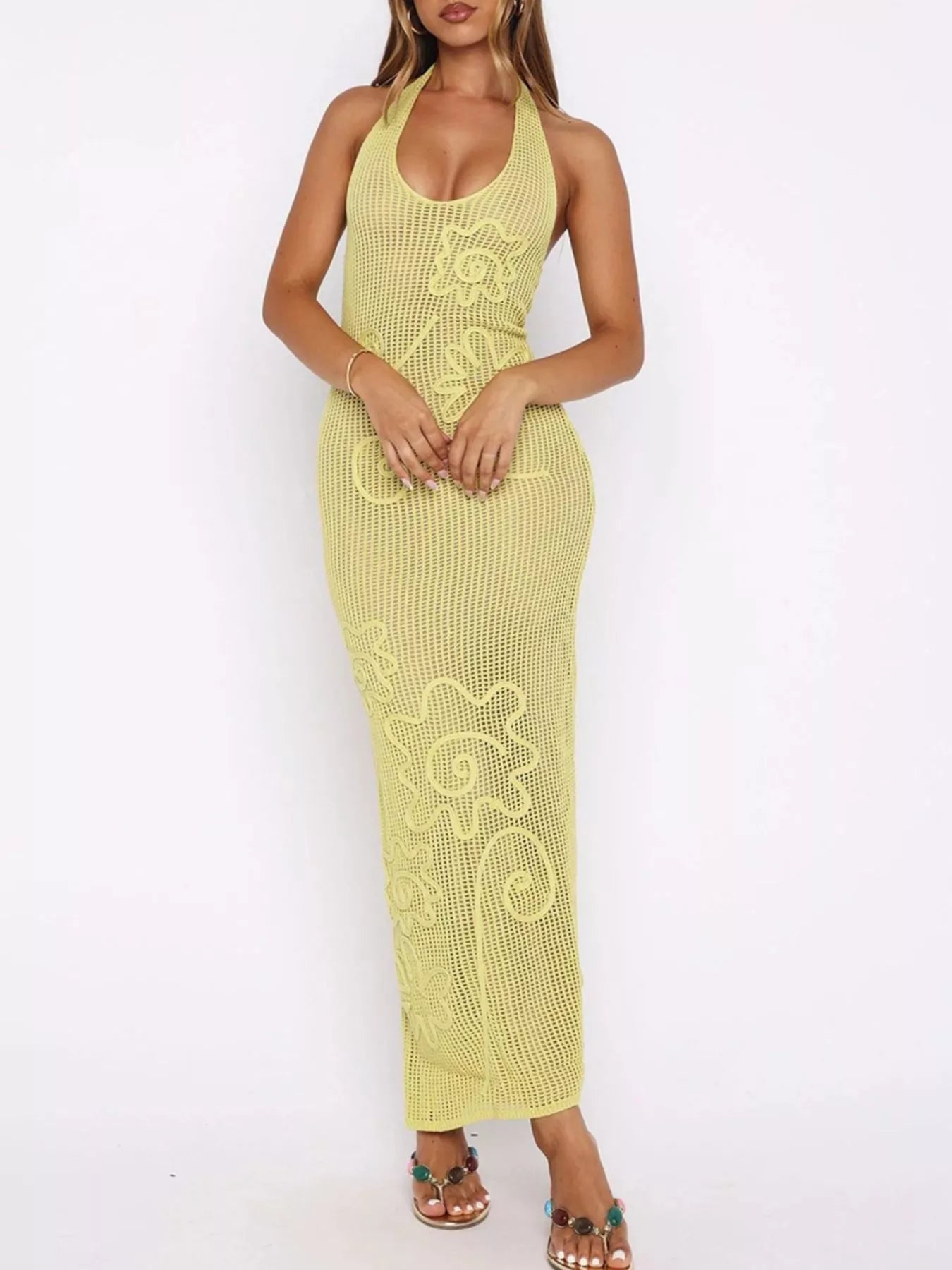 Halter Neck Crochet Maxi Dress Yellow / S