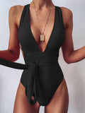 Halter Neck Deep V Tied One-Piece Swimsuit Black / S