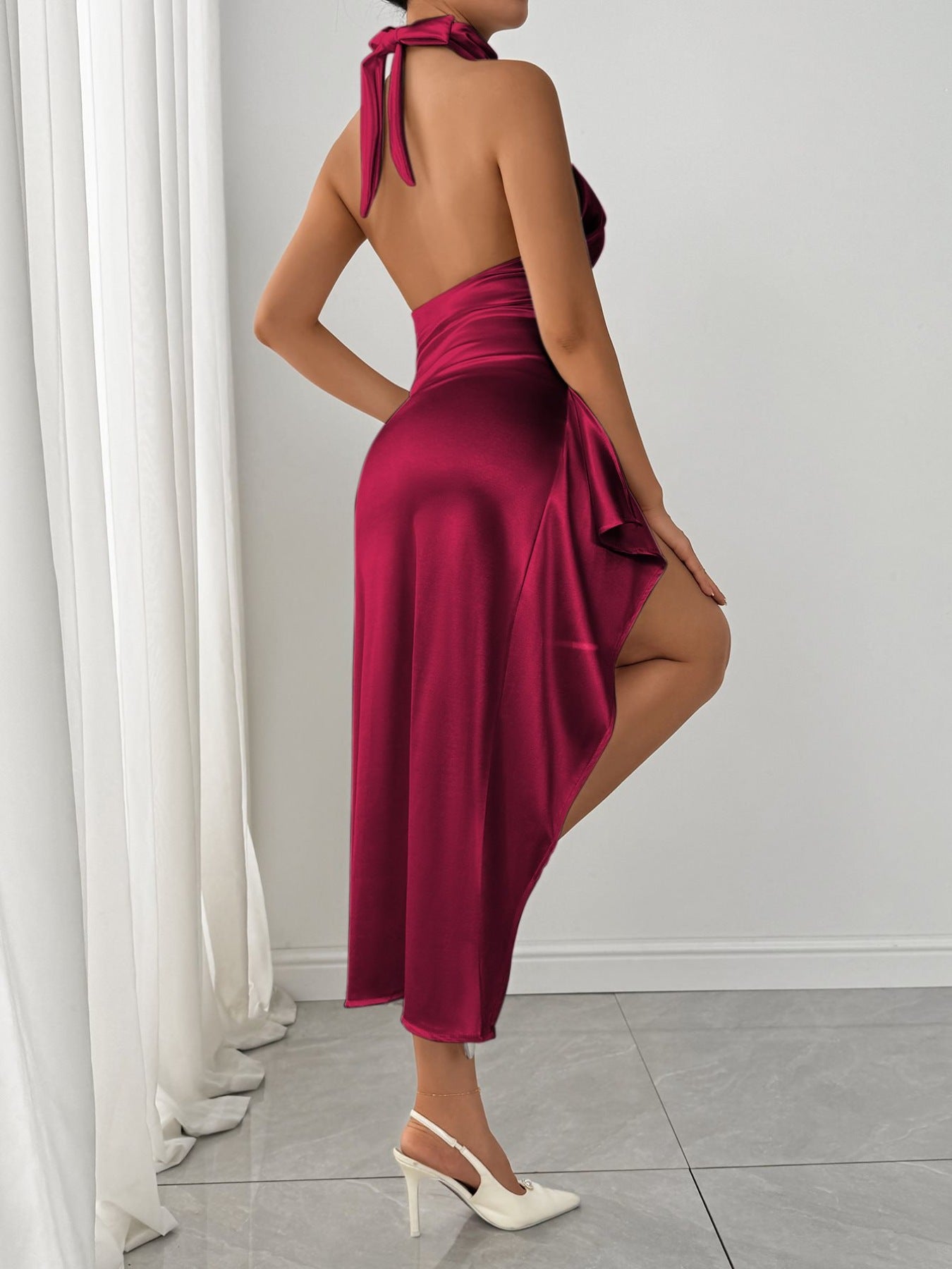 Halter Neck High Slit Satin Dress
