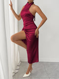 Halter Neck High Slit Satin Dress