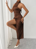 Halter Neck High Slit Satin Dress