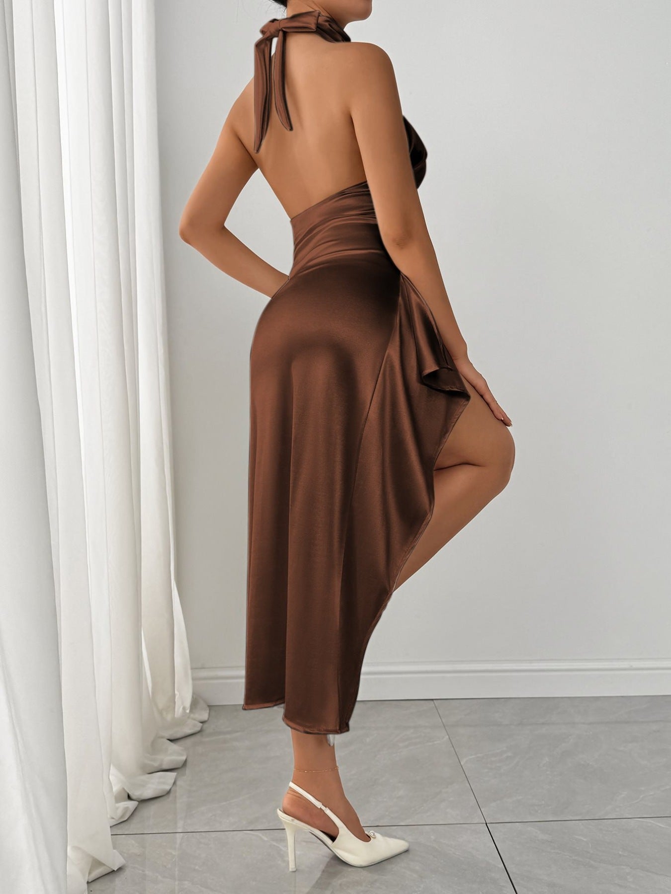 Halter Neck High Slit Satin Dress