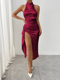 Halter Neck High Slit Satin Dress