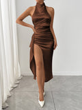 Halter Neck High Slit Satin Dress