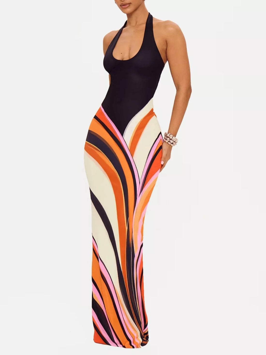 Halter Neck Maxi Dress with Abstract Print Black / S