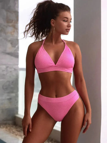 Halter Neck Tie Bikini Set Pink / S