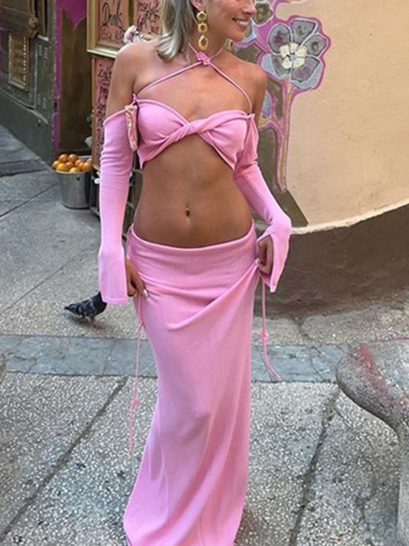 Halter Neck Top and Skirt Set Pink / S