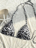 Halter Neck Triangle Swim Top Black, White And Gray Leopard Print / XS