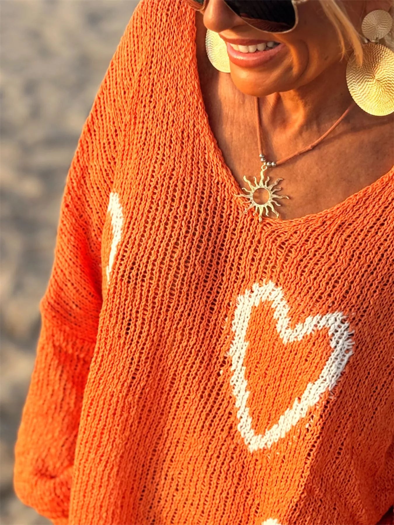 Heart V-Neck Dropped Shoulder Sweater