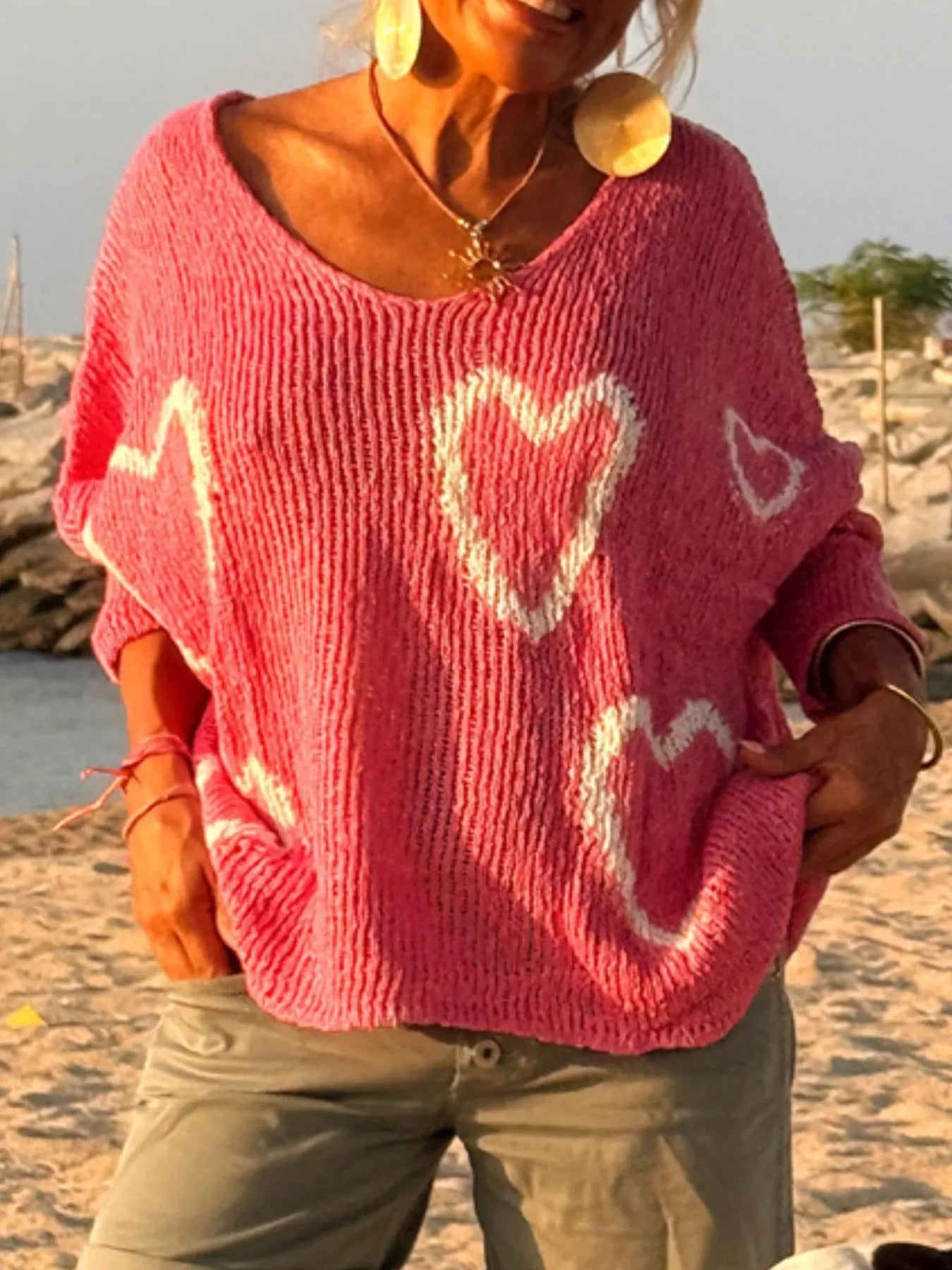 Heart V-Neck Dropped Shoulder Sweater