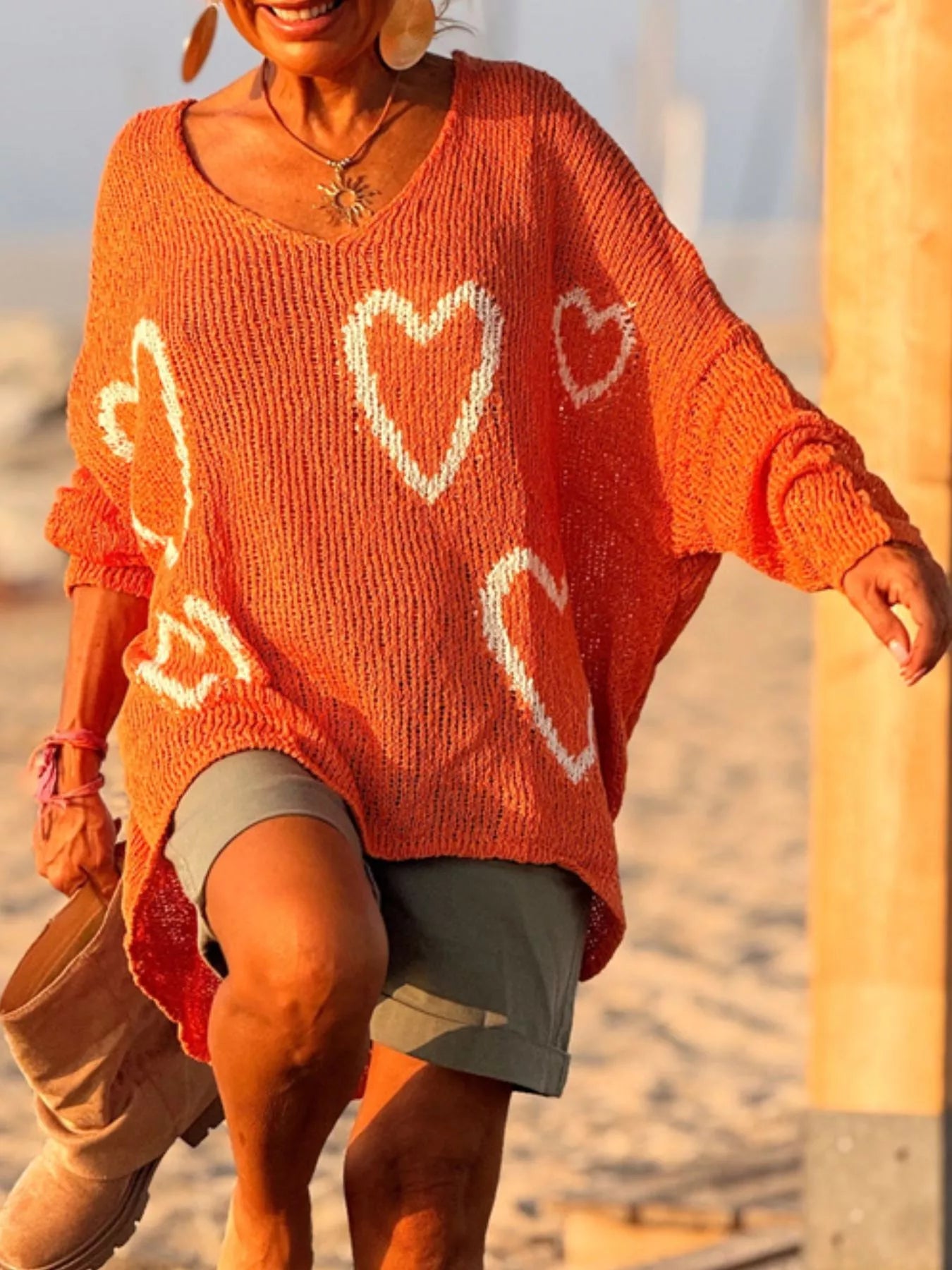 Heart V-Neck Dropped Shoulder Sweater