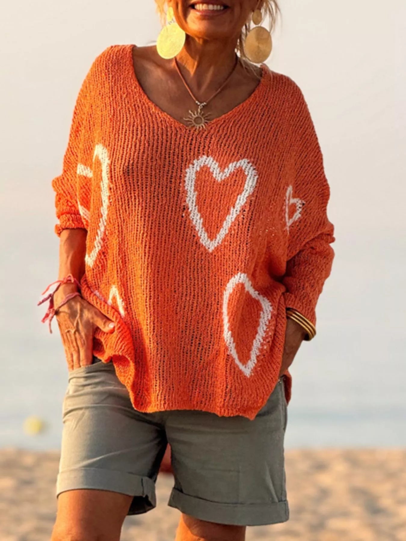 Heart V-Neck Dropped Shoulder Sweater