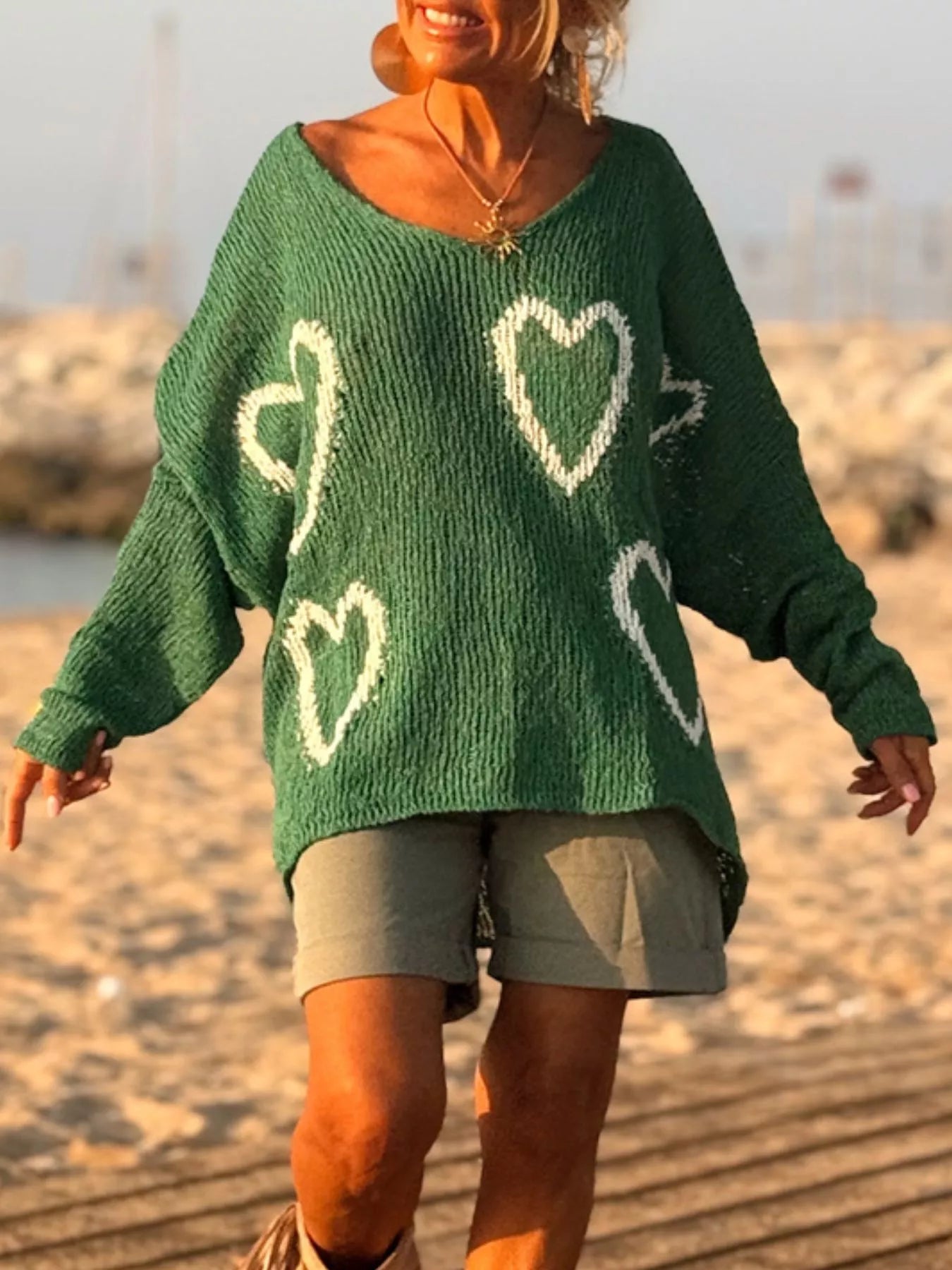 Heart V-Neck Dropped Shoulder Sweater