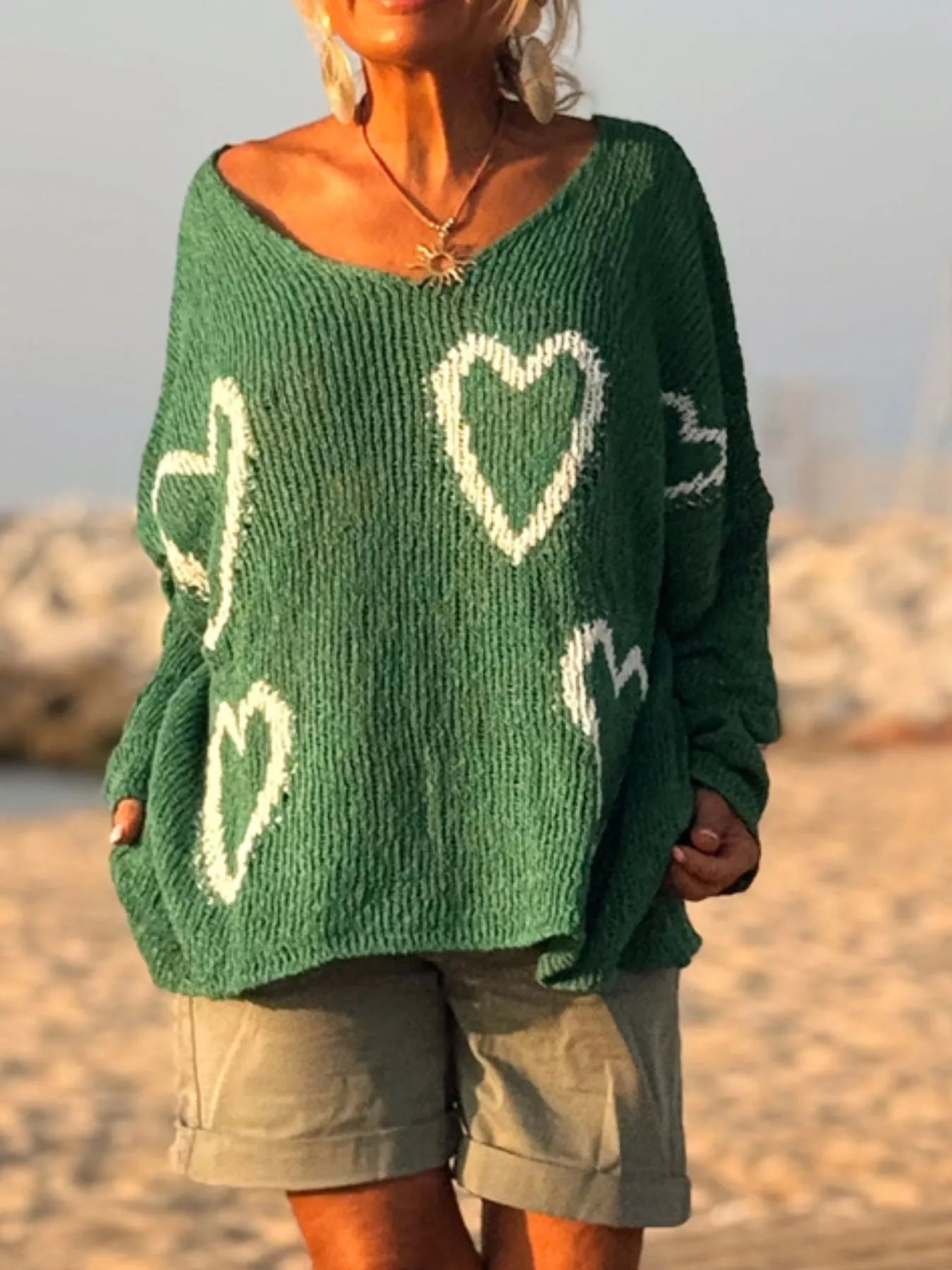 Heart V-Neck Dropped Shoulder Sweater