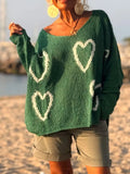 Heart V-Neck Dropped Shoulder Sweater
