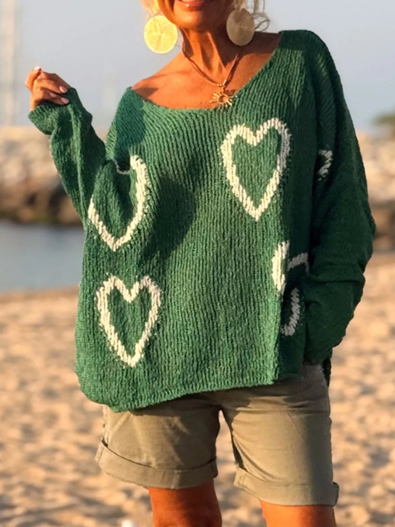 Heart V-Neck Dropped Shoulder Sweater