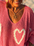 Heart V-Neck Dropped Shoulder Sweater