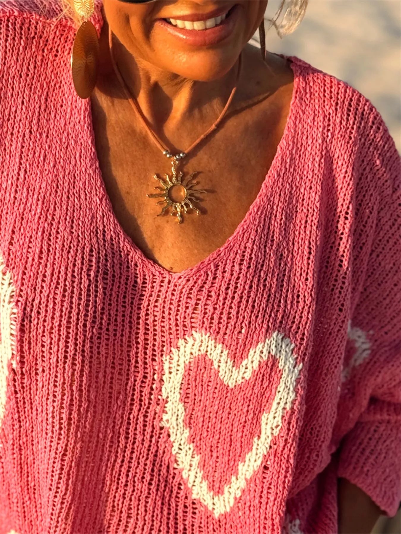 Heart V-Neck Dropped Shoulder Sweater