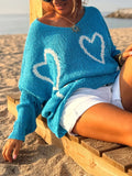 Heart V-Neck Dropped Shoulder Sweater