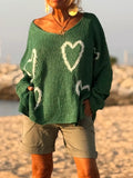 Heart V-Neck Dropped Shoulder Sweater