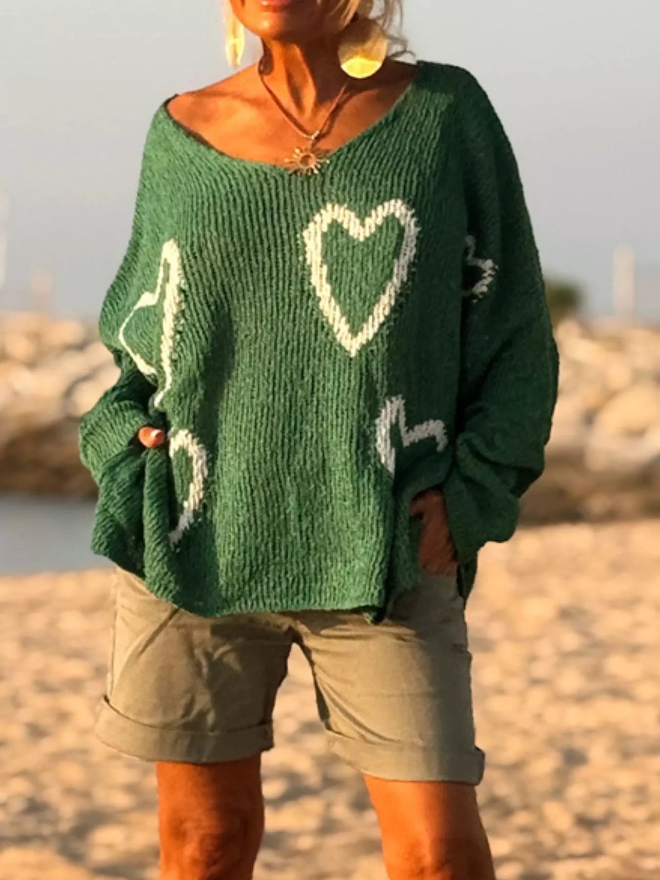 Heart V-Neck Dropped Shoulder Sweater