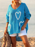 Heart V-Neck Dropped Shoulder Sweater Blue / S