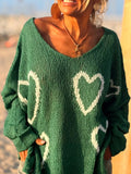 Heart V-Neck Dropped Shoulder Sweater Green / S