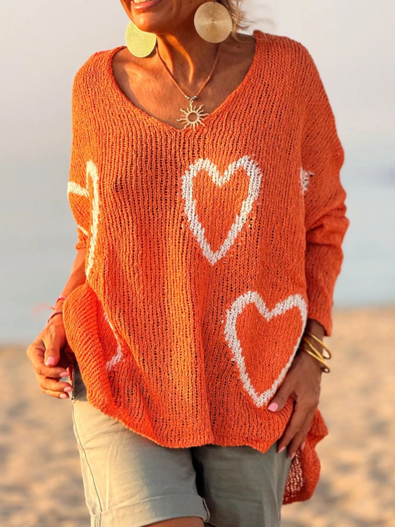 Heart V-Neck Dropped Shoulder Sweater Orange / S