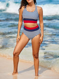 Stripe Color Block Cross-Strap High-Waist Bikini