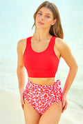 High Waist Two-Tone Tie Bikini Set Red / S