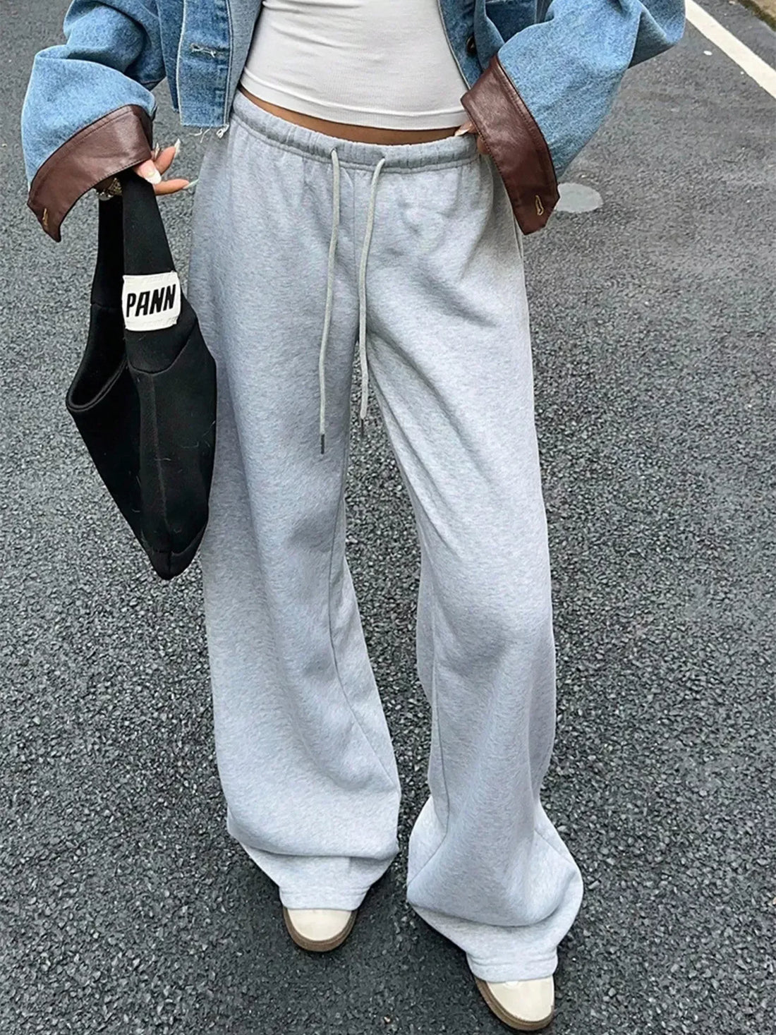 Wide Leg Drawstring Sweatpants Light Gray / S