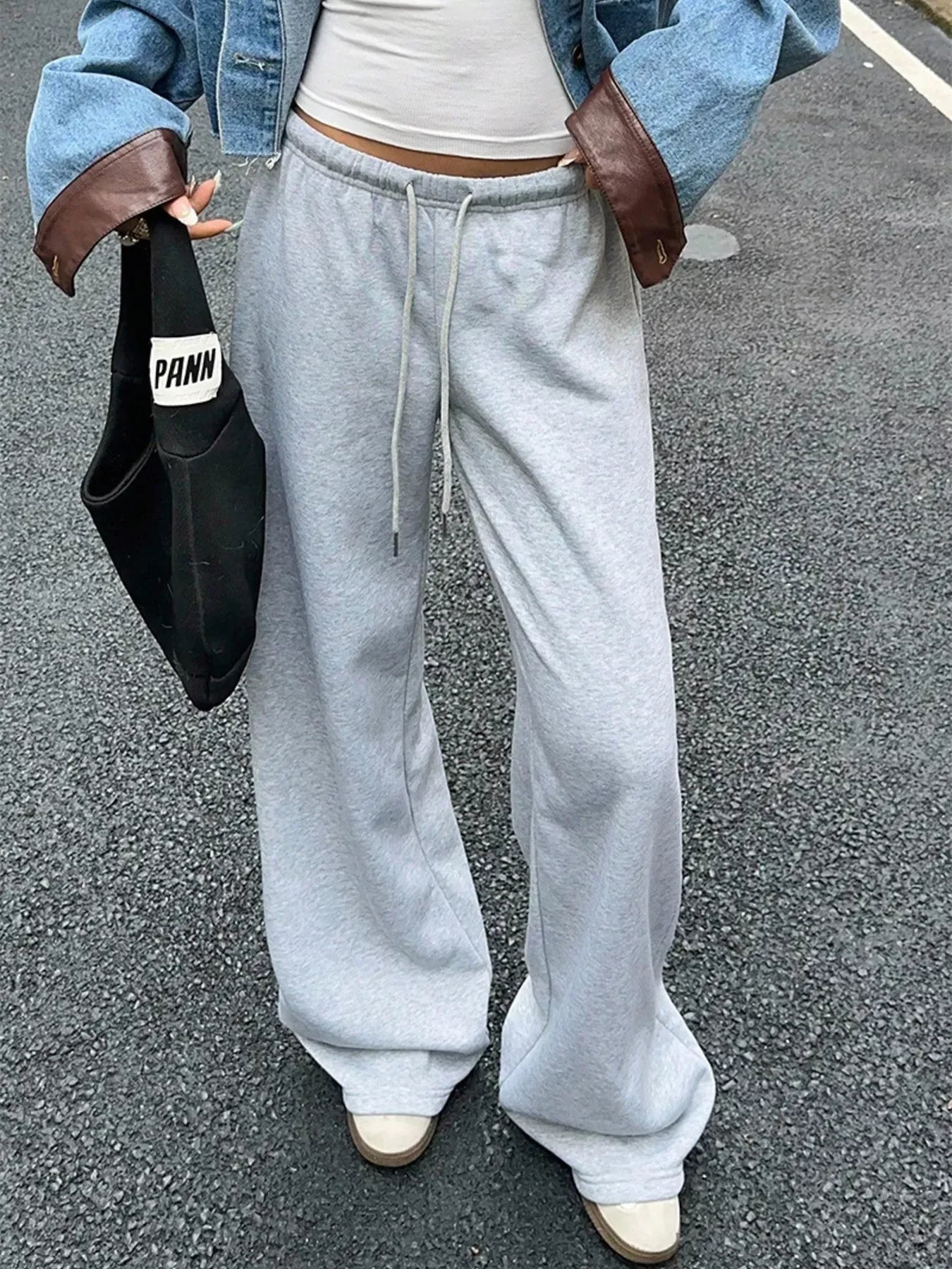 Wide Leg Drawstring Sweatpants Light Gray / S